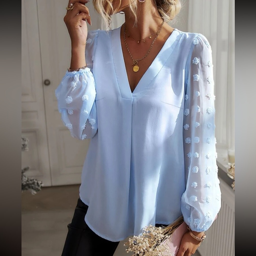 Women's Light Blue V-Neck Blouse with Sheer Embroidered Sleeves